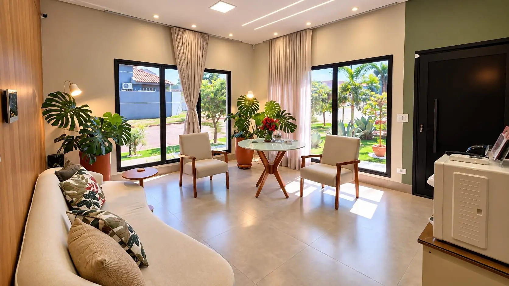 Flowers Clinic reception, with a sofa, armchairs, plants and large windows